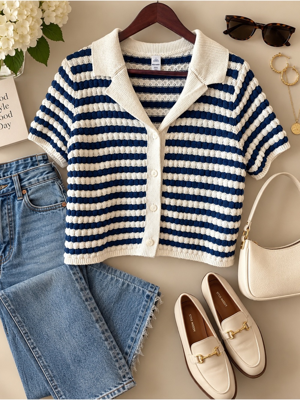 Vintage Y2K Old Navy Navy Ivory Striped Crochet Knit Polo Cardigan 100% Cotton L